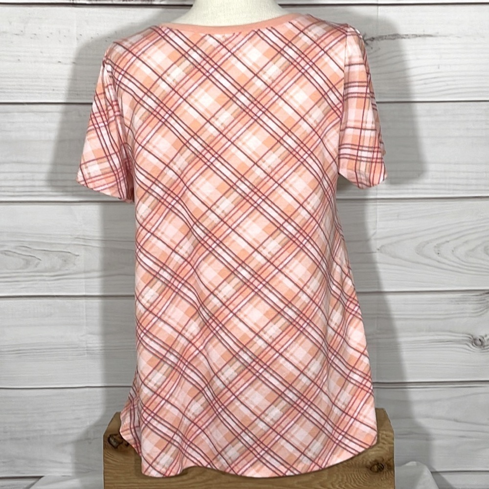 NWOT Christy T LuLaRoe Peach Plaid Short Sleeve Tee Top Size Large - Picture 3 of 5